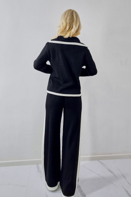 Compleu tricot bicolor Amiral, bluza cu butoni si pantaloni evazati, Negru, Marime S/M