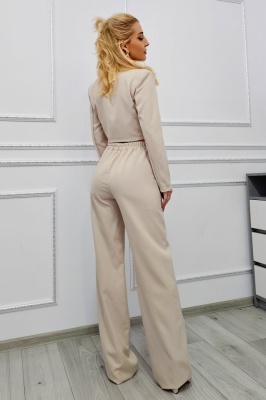 Costum casual de dama Elysian, cu sacou scurt si pantaloni wide leg, Crem, Marime S/M detalii verso