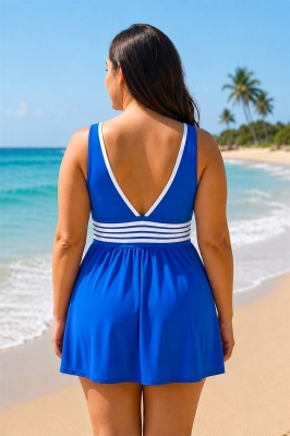rochie de plaja feminina bleumarin marimi mariCostum de baie tankini, cu spatele gol MIRENA, Marimi Mari - Batal, Albastru AZUR