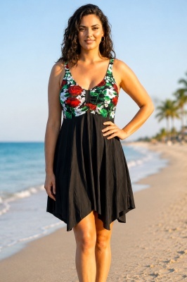 Costum de baie tankini ELARIS, cu bretele reglabile si boxeri, Marimi Mari - Batal, RED Roses