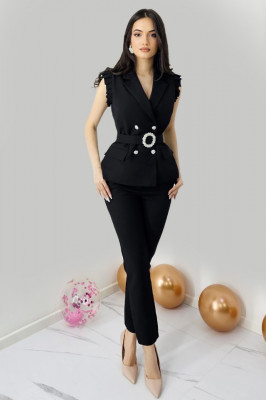 Costum elegant AmyShea, cu sacou fara maneca si pantaloni skinny, Negru