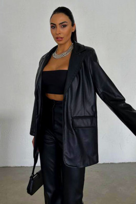 Costum elegant TheOne, din piele ecologica, pantaloni evazati si sacou, Negru 5