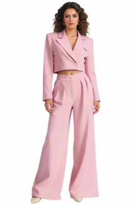 Costum office Marcella, cu sacou structurat si pantaloni evazati, Roz, Marime S/M