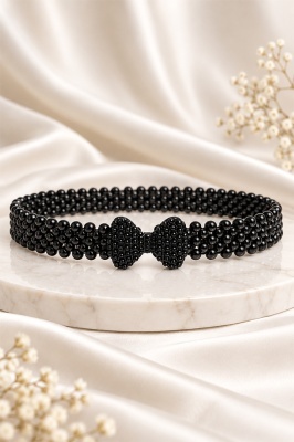 Curea elastica Heritage, cu perle si catarama funda, Black BOW, detaliu