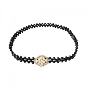 Curea elastica Pearly, catarama metalica decorativa si perle, Lotus Negru