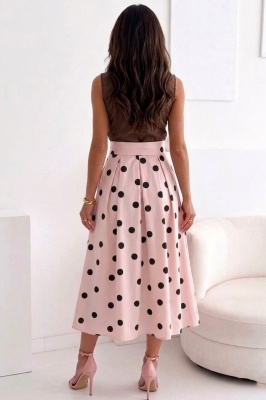 Fusta roz dama stil retro chic cu imprimeu buline contrast