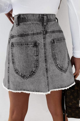 Fusta Hippy petrecuta, din denim, Gri inchis3