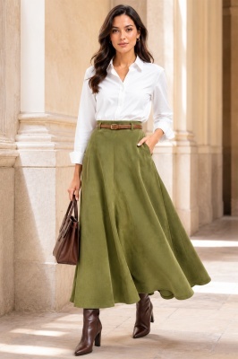 Fusta lunga, cu aspect catifea Sylvette, cu falduri si curea maro, Verde Olive, Marime S/M