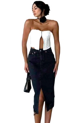 Fusta midi de blugi PUERTO, cu crapatura si perforatii ample, Negru 3