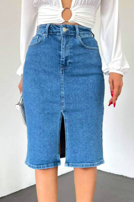 Fusta midi din denim, Tamera, cu buzunare fata/spate si crapatura frontala, Albastru2