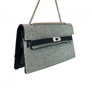 Geanta de ocazie crossbody, Yzza, cu inchidere laterala si strasuri artizanale, Negru/Argintiu 4