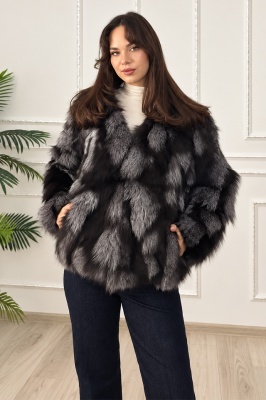 Jacheta din blana naturala de vulpe FELYNA, cu inchidere metalica, Negru/Gri, Marime S/M/L
