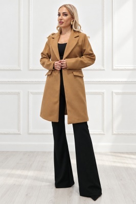 Jacheta lunga dama SORVELIA, cu revere si inchidere cu un nasture, Bej camel, Marime One size S/M/L