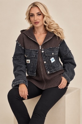 Jacheta tricotata LUREIA, cu insertii denim si gluga, Maro cafeniu, Marime S/M/L