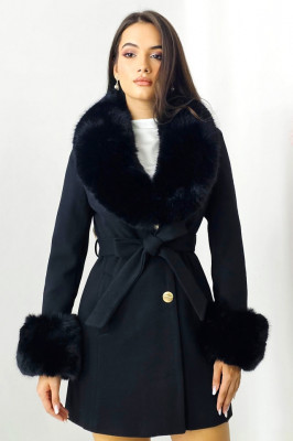 Palton din lana Beluci, cu guler si mansete din blana detasabile si cordon in talie, Negru 3