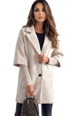 Palton oversize Katiuska, maneca panou suprapus, tricot si revere, Crem, Marime S/M/L