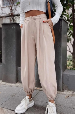 Pantaloni bufanti Tomas, cu talie inalta si pense ample, Crem