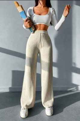Pantaloni casual AZIZ, croiala lejera cu banda elastica in talie, Crem 1
