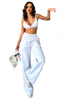 Pantaloni casual HIKE, croiala wide leg si snur in talie, Alb  2