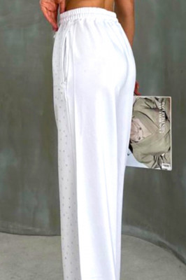 Pantaloni casual Emma, cu aplicatii tip cristale si croiala wide leg, Alb 1