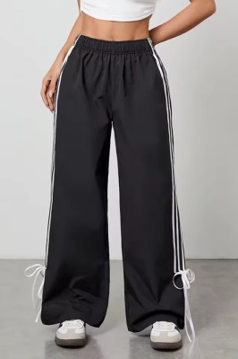 Pantaloni casual, Palazzo RIVA, cu dungi și funde decorative, Negru