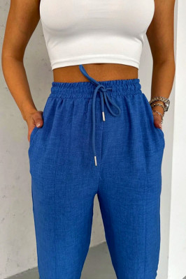 Pantaloni cu in Darys, croiala casual si detaliu plisat la baza piciorului, Albastru 4