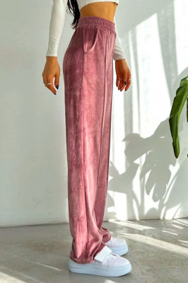 Pantaloni de catifea Touch, croiala lejera cu dunga pe picior, Roz 2
