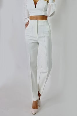Pantaloni eleganti, ChicMe, cu talie inalta, Alb3