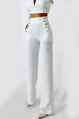 Pantaloni eleganti, Palma, cu talie inalta, Alb3