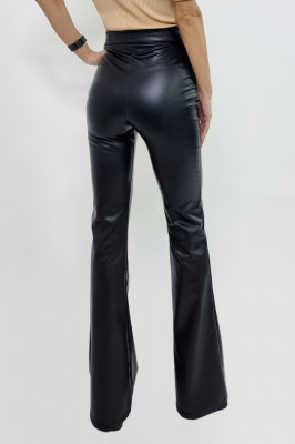 Pantaloni evazati Balkan, din piele ecologica, cu banda fixa in talie si inchidere cu doi nasturi, Negru1