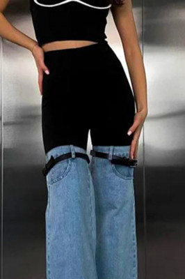 Pantaloni evazati Hybrid Style, din denim si curele decorative aplicate pe pulpa piciorului 2