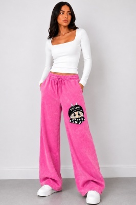 Pantaloni lungi cu aspect catifea Valentinea, cu imprimeu si banda elastica, ROZ