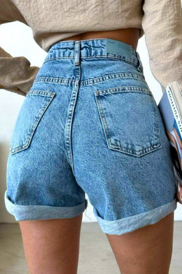 Pantaloni scurti de blugi Mika, cu manseta, croiala mom slimfit si buzunare practice, Albastru prespalat spate