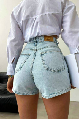 Pantaloni scurti de blugi Soled, croiala mom slimfit si buzunare practice, Albastru zapada spate