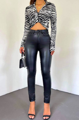 Pantaloni skinny push-up Regard, din piele ecologica, cu buzunare, Negru 3