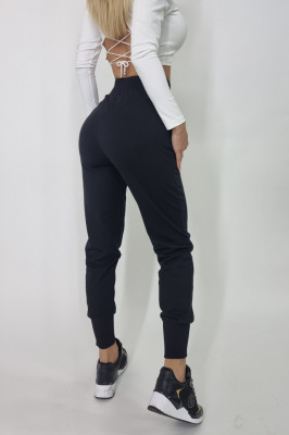 Pantaloni sport Bloston, cu talie inalta si corset, Negru2