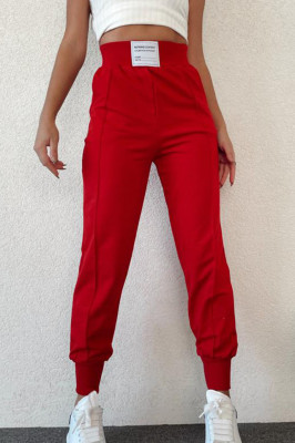 Pantaloni sport Janina, din bumbac, cu talie inalta si mansete elastice, Rosu