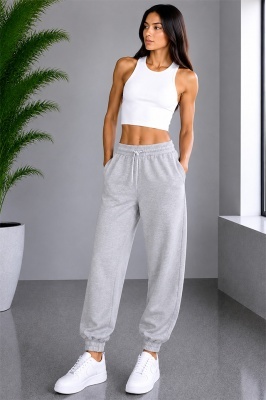Pantaloni sport Lorenza, cu snur si mansete elastice, Gri