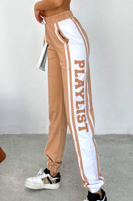 Pantaloni sport Playlist, cu imprimeu bicolor si banda elastica, Crem 1