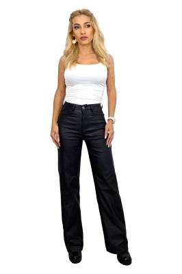 Pantaloni Starry, din piele ecologica, cu buzunare si croi Large, Negru