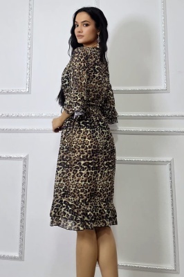 Rochie midi de plaja Amber Muse, cu volane feminine si snur reglabil, Leopard print detalii spate