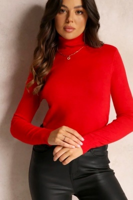 Pulover dama din tricot ARYA, cu guler rulat, Rosu, Marime S/M