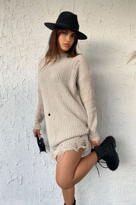 Pulover lung tricotat Laura, cu decupaje in material, Crem