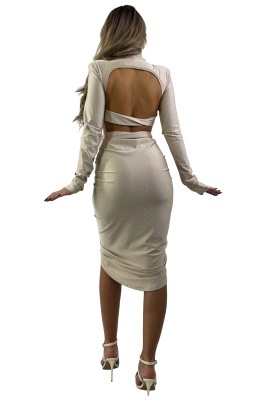 Rochie asimetrica, decupata NYVARA, cristale si cupe buretate, Crem, Marime S/M detaliu spate