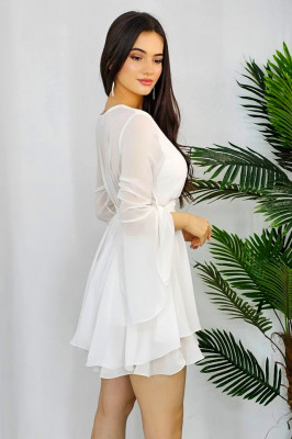 Rochie babydoll Leina, asimetrica, croi petrecut si maneci evazate, Alb, Masura S/M3