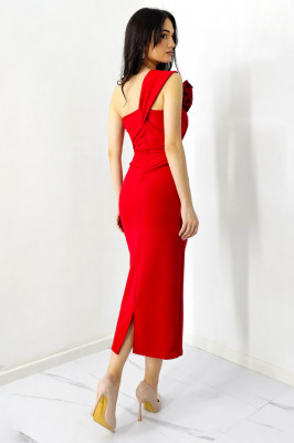 Rochie bandage de seara, ILona, cu detaliu floral detasabil, Rosu, Marime S/M spate
