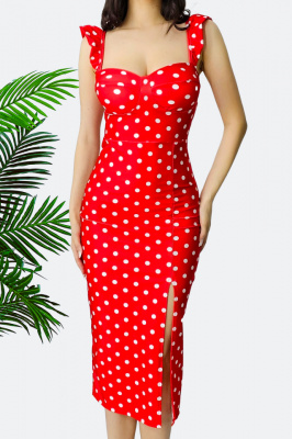 Rochie bodycon Ditsy, slit adanc si imprimeu cu buline, Rosu detaliu