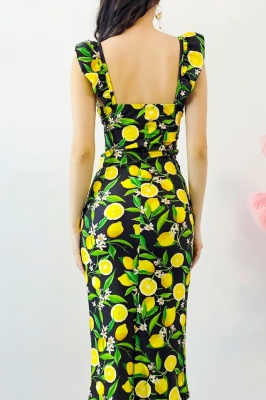 Rochie bodycon Ditsy, sliț adanc si imprimeu cu lămâi, Negru, Marime S/M detaliu spate