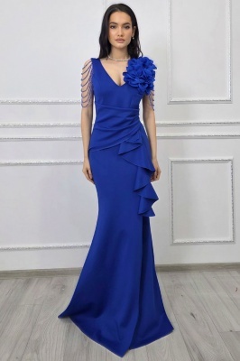 Rochie de gala ISALYN, cu siraguri de cristale in cascada si floare 3D, Albastru Royal