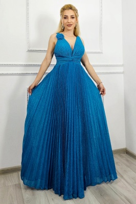 Rochie de ocazie AZARIA, cu pliuri si croiala empire, Albastru